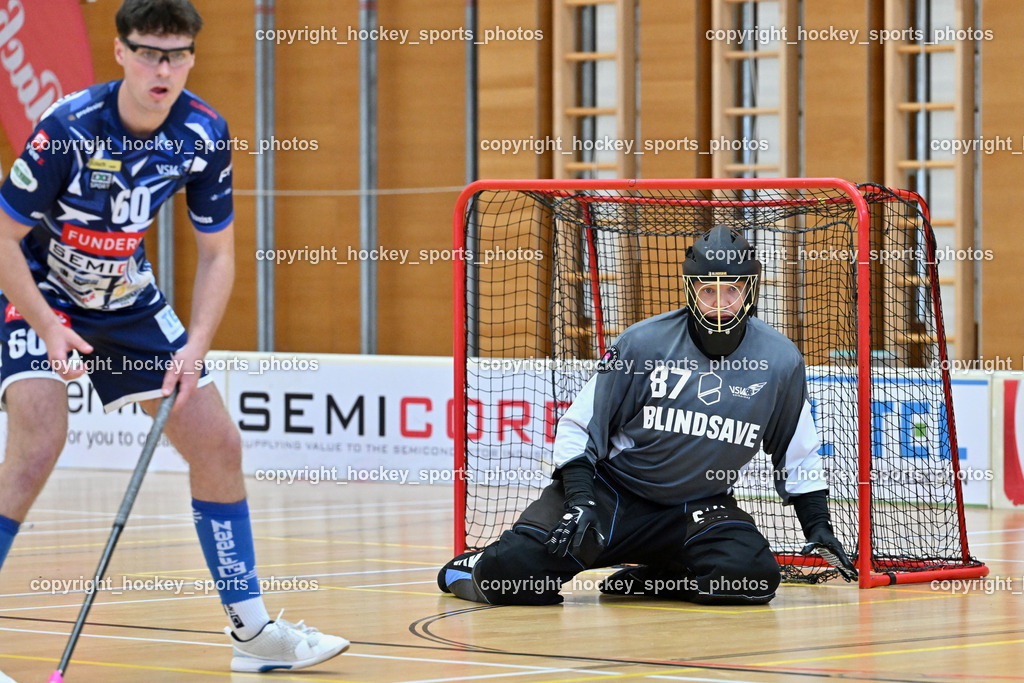 VSV Unihockey vs. Wiener Floorball Verein | #60 Thomas Unterweger VSV Unihockey, #87 Timmo Taurer VSV Unihockey, VSV Unihockey vs. Wiener Floorball Verein, VSV Unihockey vs. Wiener Floorball Verein am 18.05.2025 in Villach (Ballspielhalle St. Martin), Austria, (Photo by Bernd Stefan)