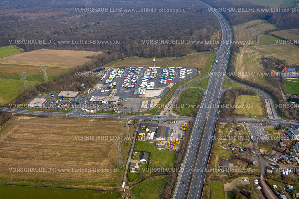 Lippetal240306070Uentrop | Luftbild, Autohof Lippetal, LKW Stellplatz und Parkplatz an der Autobahn A2 und Anschlussstelle Hamm-Uentrop, Lippetal, Nordrhein-Westfalen, Deutschland