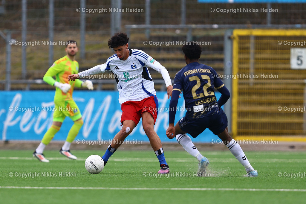 NH_HamburgerSVU21_1FCPhönixLübeck_RegionalligaNord_01032025 | #22 Omar Abdel Megeed (Hamburger SV U21), #22 Tony Rudy Lesueur (1. FC Phönix Lübeck)Fußball I Herren I Regionalliga Nord I Saison 2024-2025 I 24. Spieltag I Hamburger SV U21 - 1. FC Phönix Lübeck I 01.03.2025 I Stadion Hoheluft