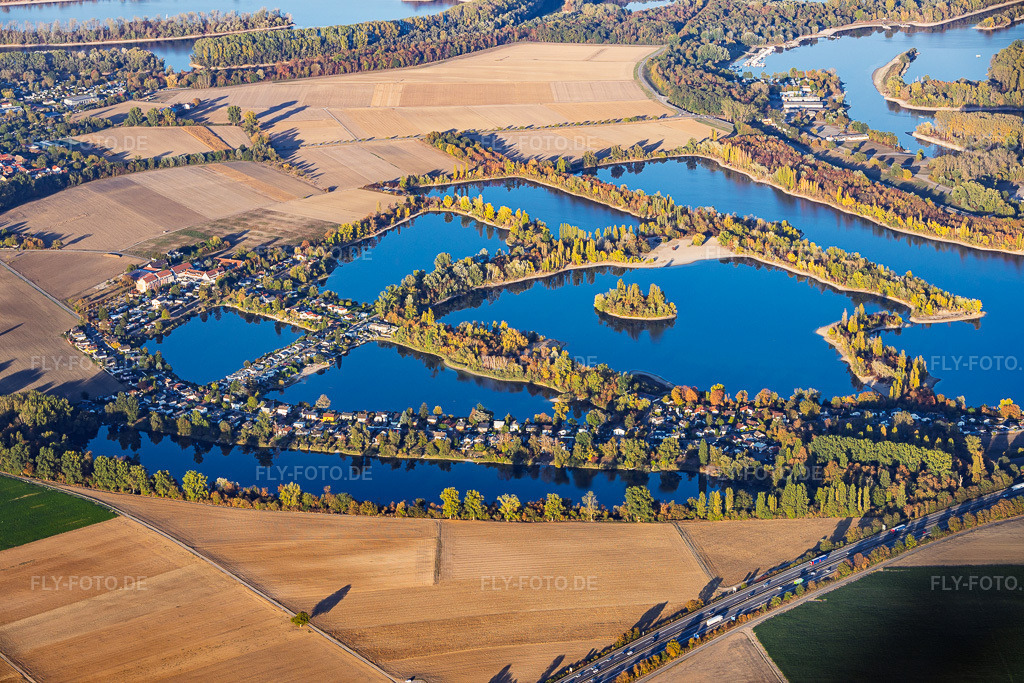 Luftbild: Naherholungsgebie / Badestrand Binsfeldsee, Mondsee, Sonnensee, Biersiedersee Silbersee und Kuhuntersee in Speyer im Bundesland Rheinland-Pfalz in Deutschland. – Foto: IMG_159676.jpg vom 06.10.2026 durch Werner Riehm/FLY-FOTO.de – Auflösung des Originals: 6000 x 4000 px