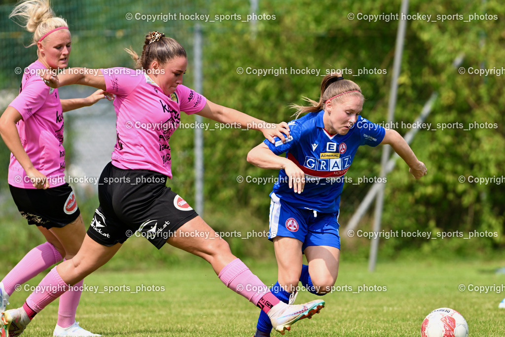 Carinthians Hornets vs. GAK 1902 Frauen | #27 Jasmin Michelle Ortner Carinthians Hornets, #10 Elisa Ciccarelli Carinthians Hornets, #20 Lena Thalmann GAK, Carinthians Hornets vs. GAK 1902 Frauen, Carinthians Hornets vs. GAK 1902 Frauen am 01.09.2024 in Sachsenburg (Sportplatz Sachsenburg), Austria, (Photo by Bernd Stefan)