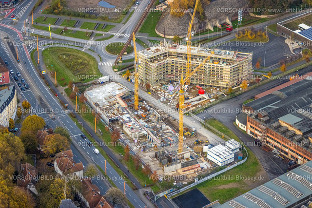 Bochum231102574 | Luftbild, Baustelle mit Neubau TRIUM Bürogebäude Bochum GmbH & Co KG, Wattenscheider Straße mit Kreisverkehr, Kruppwerke, Bochum, Ruhrgebiet, Nordrhein-Westfalen, Deutschland