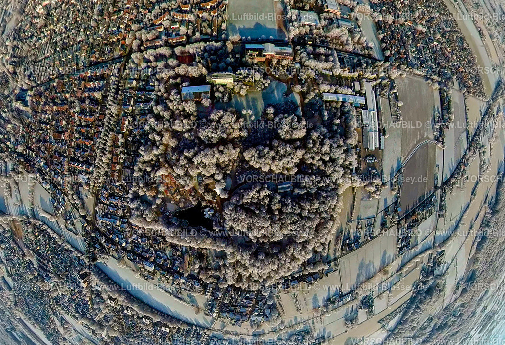 Hamm221290031MaxiParkWerries | Luftbild von Hamm im Schnee, winterlicher Maximilianpark, fisheye, Fisheye Aufnahme, Fischaugen Aufnahme, 360 Grad Aufnahme, Uentrop, Hamm, Ruhrgebiet, Nordrhein-Westfalen, Deutschland