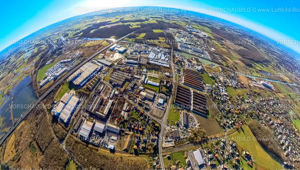 Hamm240190111_A2_GewerbegebietUentrop | Luftbild, Gewerbegebiet Uentrop an der BAB Autobahn A2, hinten das RWE Kraftwerk Westfalen, Erdkugel, Fisheye Aufnahme, Fischaugen Aufnahme, 360 Grad Aufnahme, tiny world, little planet, fisheye Bild, Uentrop, Hamm, Ruhrgebiet, Nordrhein-Westfalen, Deutschland