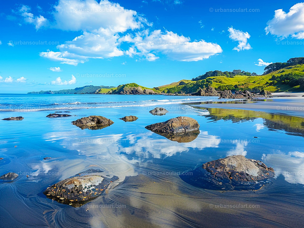 Beach With Rocks And Green Gras Cliffs In The Background | This peaceful coastal scene with rocks and green cliffs creates a refreshing, natural atmosphere. Ideal for bringing a touch of tranquility to any space, especially beach-themed rooms. - Realisiert mit Pictrs.com