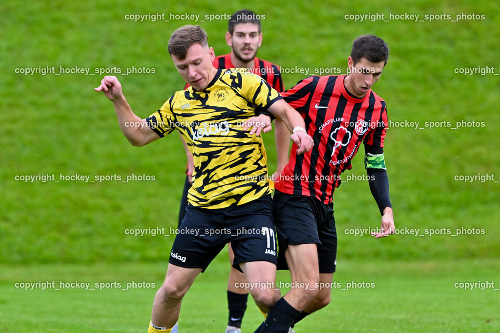 FC Faakersee vs. FC-WR Nussdorf Debant | #77 Edwin Cajic FC Faakersee, #7 Aleksandar Simic FCWR Nussdorf Debant, FC Faakersee vs. FC-WR Nussdorf Debant, FC Faakersee vs. FC-WR Nussdorf Debant am 28.09.2024 in Finkenstein (Sportplatz Faakersee), Austria, (Photo by Bernd Stefan)
