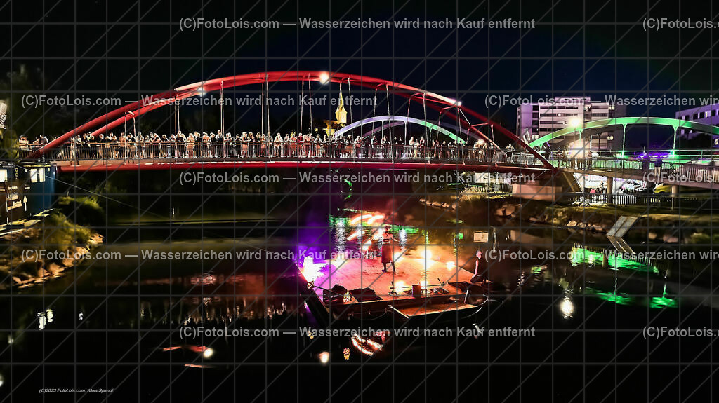 0451_Luftbild_VOLKSFEST-Wlbg_InselFeuer-Show | (C)FotoLois.com, Alois Spandl, Luftbild, Wieselburger VOLKSFEST neu, Feuershow auf der Erlaufinsel unter den Brücken, Do 29. Juni 2023.