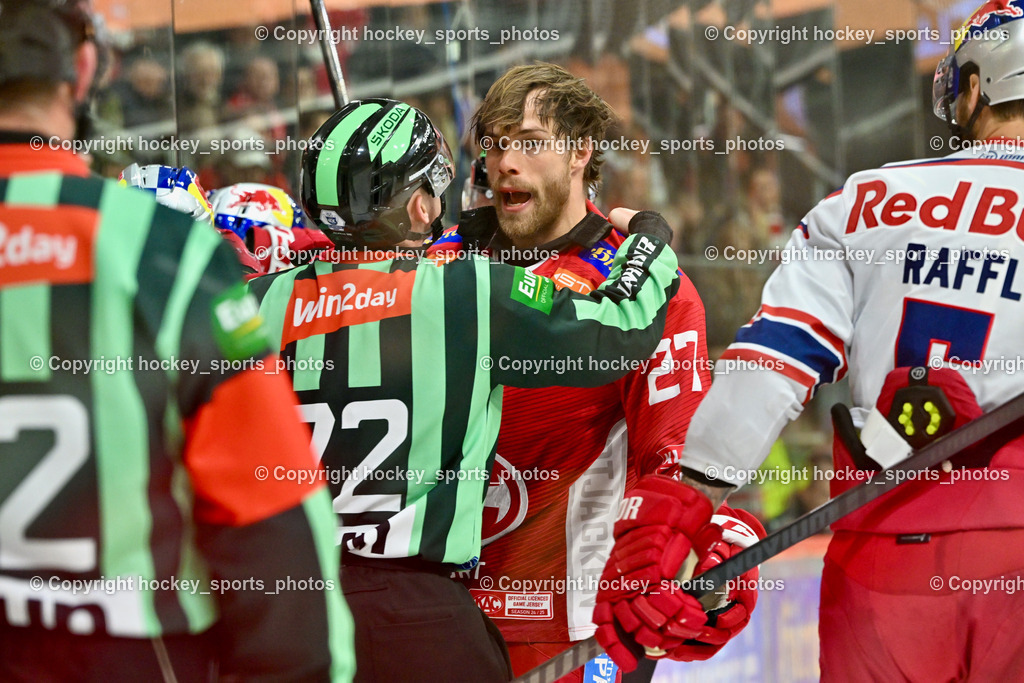 EC KAC vs. EC Red Bull Salzburb | #27 Hundertpfund Thomas EC KAC, #5 Raffl Thomas EC RED BULL SALZBURG,  EC KAC vs. EC Red Bull Salzburb, EC KAC vs. EC Red Bull Salzburb am 04.04.2025 in Klagenfurt (Heidi Horten Arena), Austria, (Photo by Bernd Stefan)