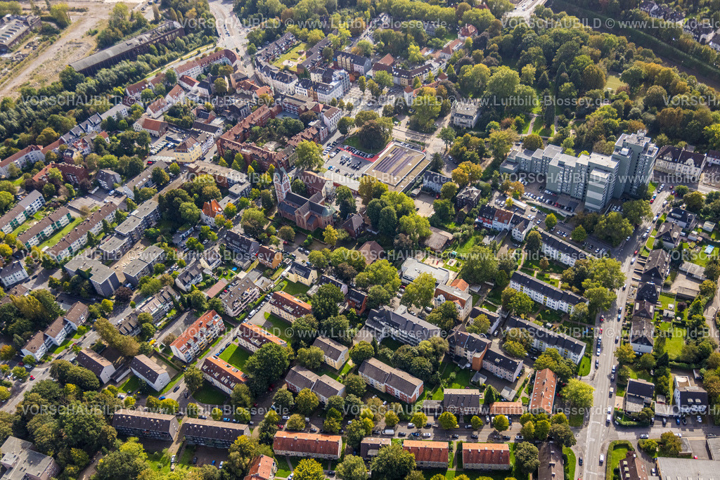 Dortmund231000635 | Luftbild, Wohngebiet Arminiusstraße mit St. Barbara Kirche, Neubau Netto Supermarkt, Dorstfeld, Dortmund, Ruhrgebiet, Nordrhein-Westfalen, Deutschland