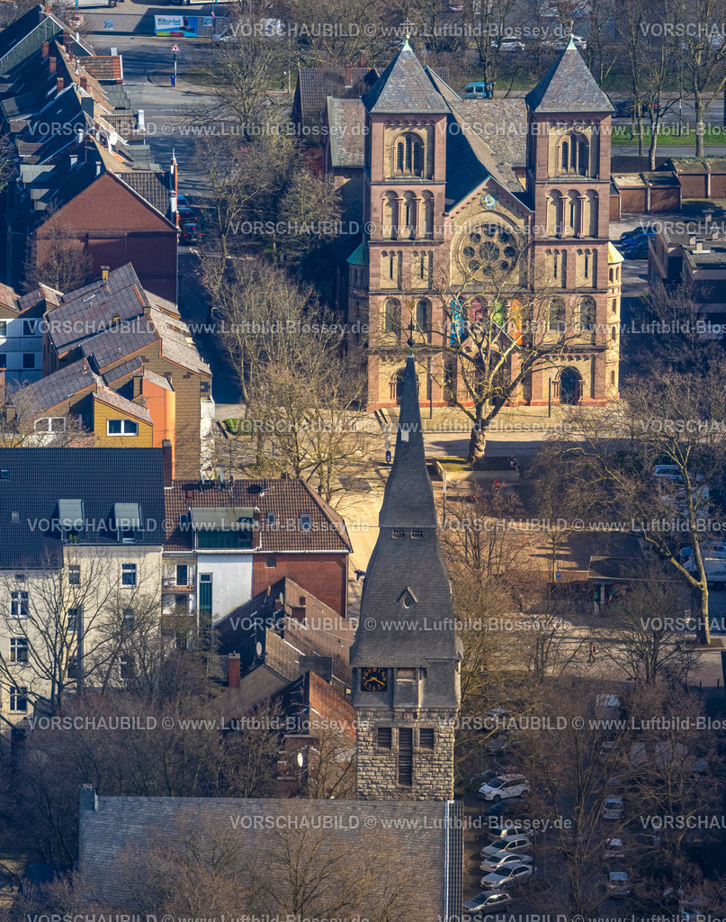 Gelsenkirchen240301229 | Luftbild, Kath. Liebfrauenkirche - Propsteipfarrei St. Augustinus mit zwei Kirchtürmen, vorne der Kirchturm der Auferstehungskirche, Neustadt, Gelsenkirchen, Ruhrgebiet, Nordrhein-Westfalen, Deutschland