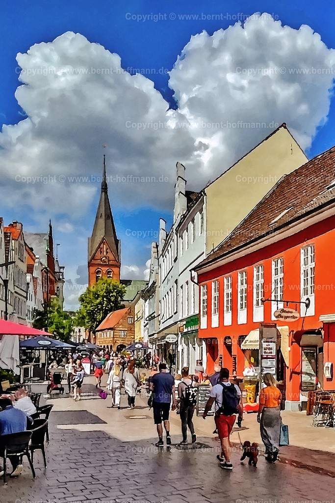 PDM2_2765_FL-GroStra-2022_80x120 | DIGITALKUNST. Sommer in Flensburg. __ Fußgängerzone in der Flensburger Innenstadt - Große Straße - mit dem Blicknach Norden auf die Sankt Marien Kirche. - Realisiert mit Pictrs.com