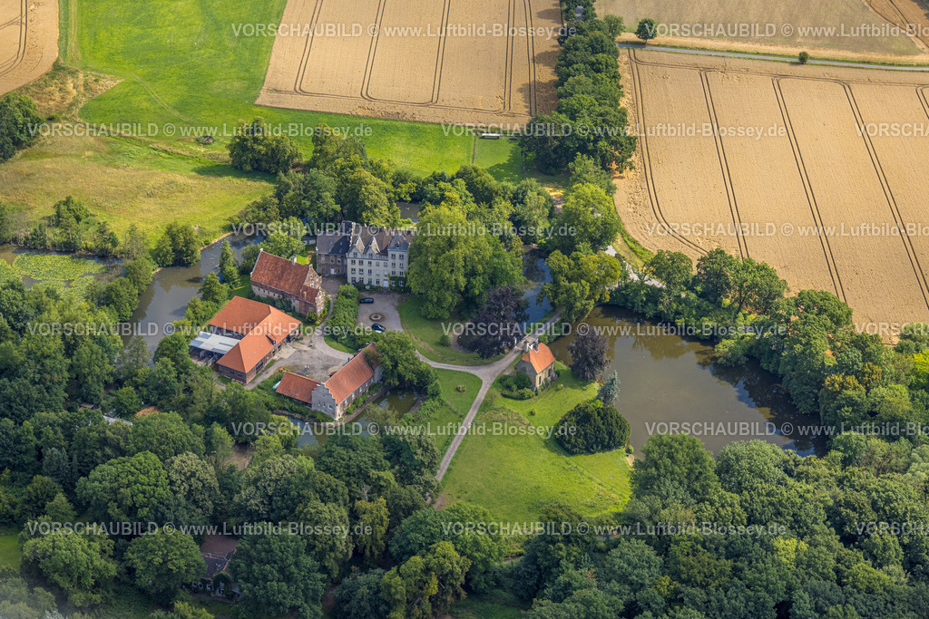 Hamm250700344Bockum-Hoevel | Luftbild, Schloss Haus Ermelinghoff in malerischer Landschaft mit See, ehemaliges Rittergut, Bockum-Hövel, Hamm, Ruhrgebiet, Nordrhein-Westfalen, Deutschland