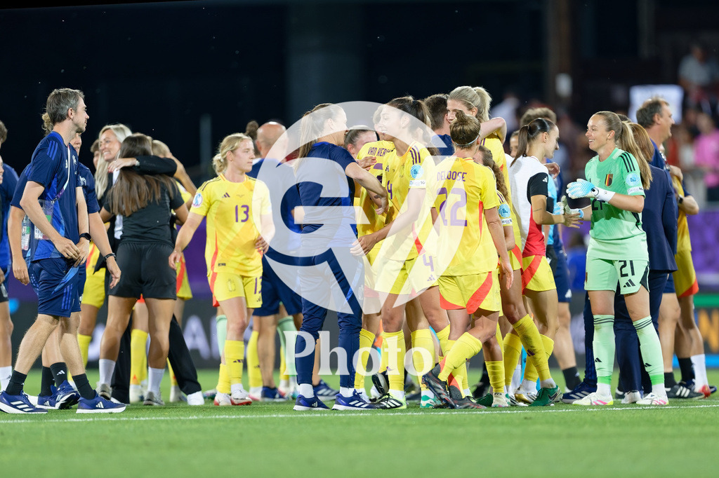 Portugal v Belgium: UEFA Women's EURO 2025 Group B | SION, SWITZERLAND - JULY 11: Belgium celebrates after winning during the UEFA Women's EURO 2025 Group B match between Portugal and Belgium at Stade de Tourbillon on July 11, 2025 in Sion, Switzerland. (Photo by Giuseppe Velletri/Sports Press Photo/Getty Images)