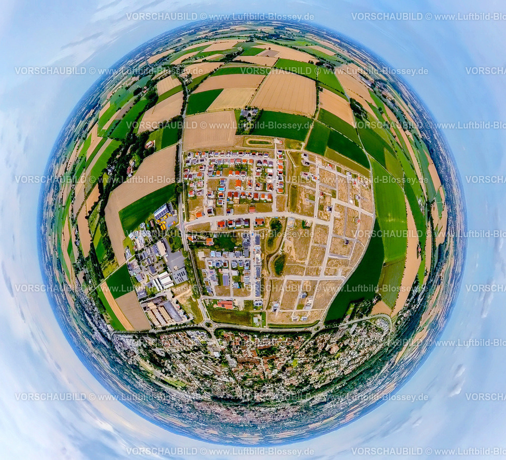 Soest240790057Baugebiet_NeuerSoesterNorden | Luftbild, Baugebiet Neuer Soester Norden zwischen Oestinghauser Landstraße und Weslarner Weg, Walburgerhofe, Erdkugel, Fisheye Aufnahme, Fischaugen Aufnahme, 360 Grad Aufnahme, tiny world, little planet, fisheye Bild, Walburger, Soest, Soester Börde, Nordrhein-Westfalen, Deutschland