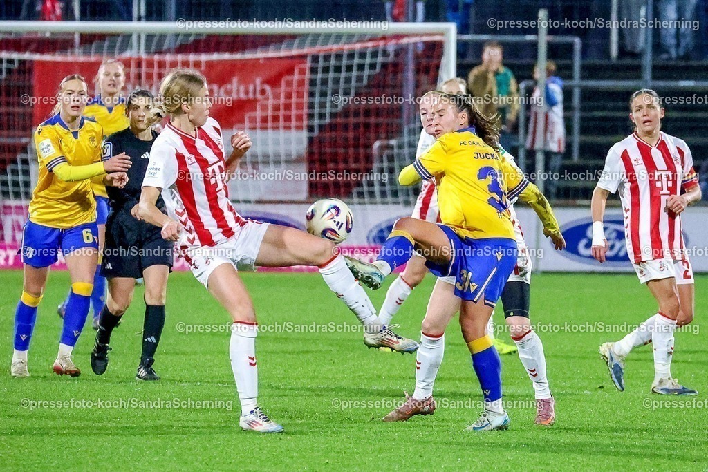 xSSCHx14122501030  | 14.12.2025, xsscx, Frauen Fussball, 1. FC Koeln - FC Carl Zeiss Jena, 1. Fussball Bundesliga, 13. Spieltag, Franz-Kremer-Stadion, Saison 2025 2026: Celina Degen (1. FC Koeln #5) im Zweikampf gegen Nelly Juckel (FC Carl Zeiss Jena #31) DFB regulations prohibit any use of photographs as image sequences and or quasi-video. Photo:xSandraxScherningxPressefotoKochx