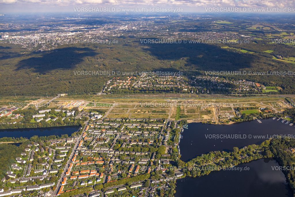 Duisburg241003823 | Luftbild, Eisenbahner-Siedlung Wedau, Wohnsiedlung am ehemaligen Rangierbahnhof Wedau, Waldgebiet und Ortsteil Bissingheim, Wedau, Duisburg, Ruhrgebiet, Nordrhein-Westfalen, Deutschland
