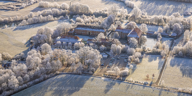 Hamm221200025SchlossOberwerries | Luftbild, Schloss Oberwerries, Wasserschloss in winterlichen Lippeauen, Heessen, Hamm, Ruhrgebiet, Nordrhein-Westfalen, Deutschland