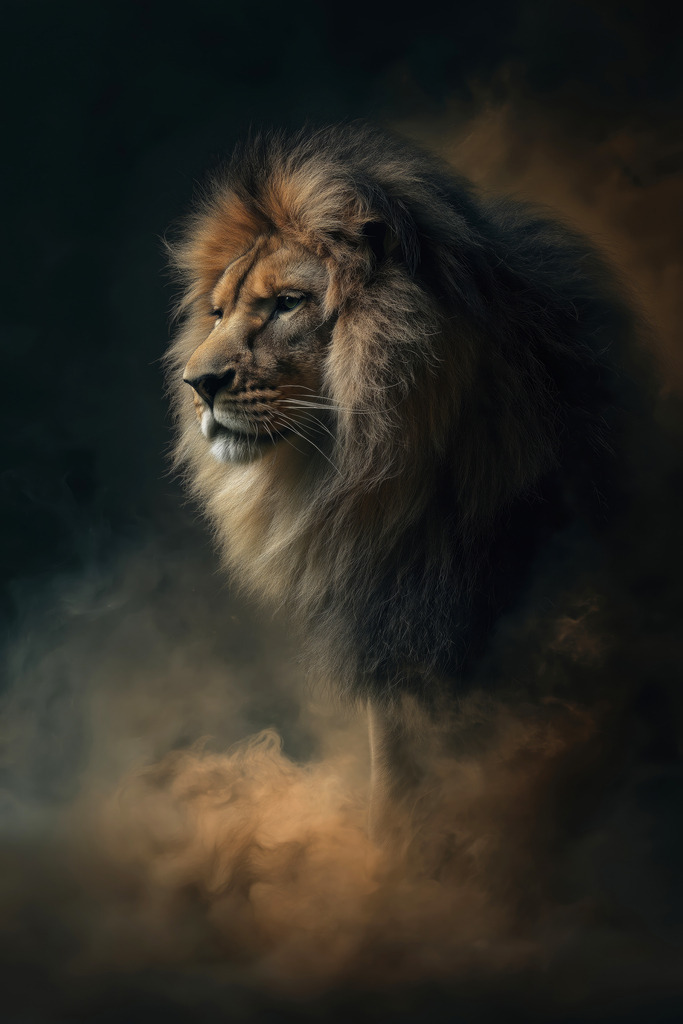 2504015 - König der Stille | Majestätischer Löwe im düsteren Licht – emotionales Tierportrait in dunklen Farbtönen. Perfekt als kraftvolles Wandbild für Wohnzimmer, Büro oder Praxisräume.