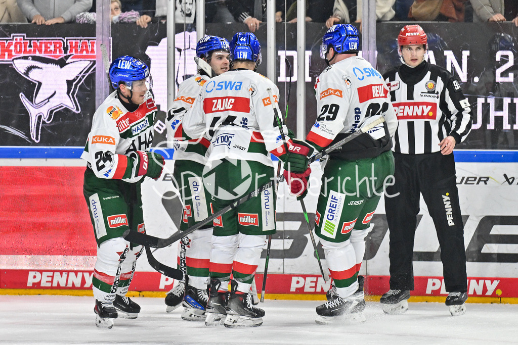 Kölner Haie - Augsburger Panther | Jubel der Panther nach dem Treffer zum 1-3 durch T. J. TREVELYAN (Augsburger Panther #24) / Freude / happy / Tor / torschuetze / DEL: Koelner Haie - Augsburger Panther, Lanxess Arena am 05.01.2025