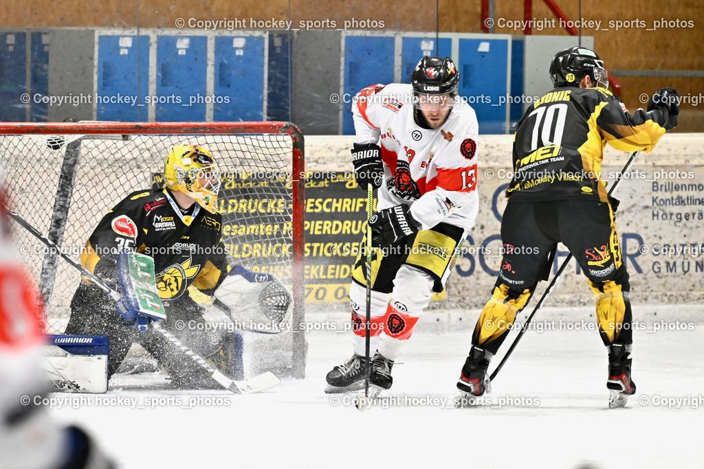 EC MET PHOTOVOLTAIK HORNETS SPITTAL vs. EV ZELTWEG MURTAL LIONS | #35 Egger Luca EC Hornets Spittal, #13 Schiech Thomas EV ZELTWEG MURTAL LIONS, #70 Kronig Daniel EC Hornets Spittal, EC MET PHOTOVOLTAIK HORNETS SPITTAL vs. EV ZELTWEG MURTAL LIONS, EC MET PHOTOVOLTAIK HORNETS SPITTAL vs. EV ZELTWEG MURTAL LIONS am 08.02.2026 in Spittal an der Drau (Eissportzentrum Spittal), Austria, (Photo by Bernd Stefan)