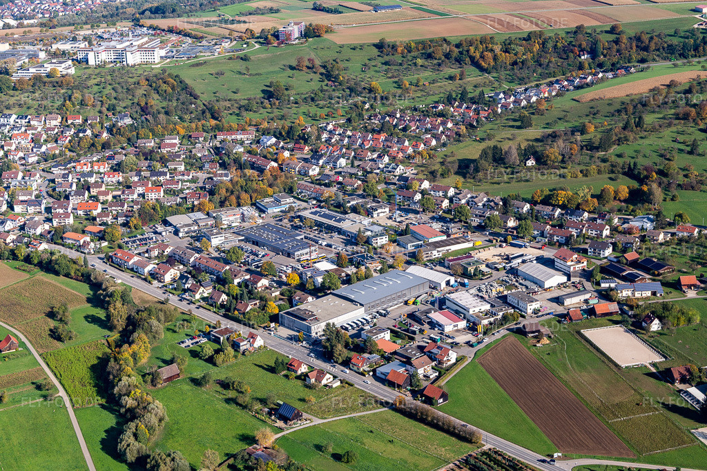 Luftbild: Gewerbegebiet und Firmenansiedlung mit Birk KG in Nürtingen im Bundesland Baden-Württemberg in Deutschland. Foto: IMG_119297.jpg vom 14.10.2019 durch Werner Riehm/FLY-FOTO.de