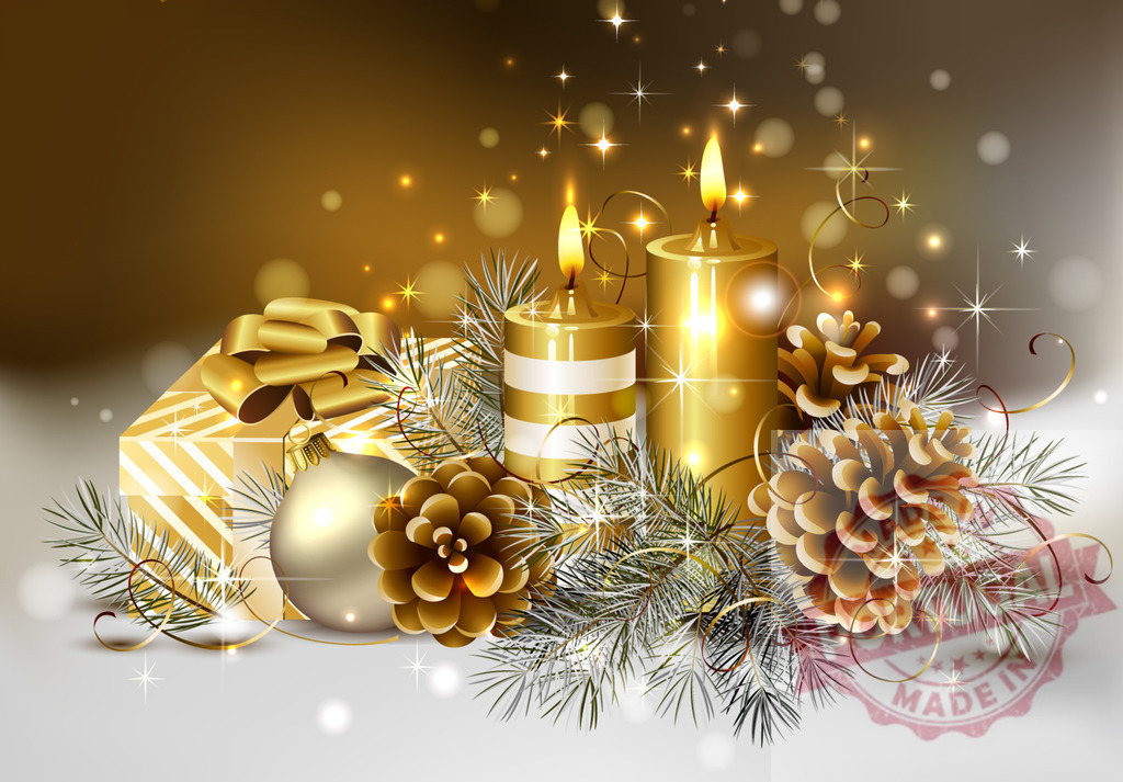 Christmas still life with golden candles, gift and decorations illuminating the night | Golden christmas decoration with candles, gift, bauble and pine cones illuminating the night with warm light - Realisiert mit Pictrs.com