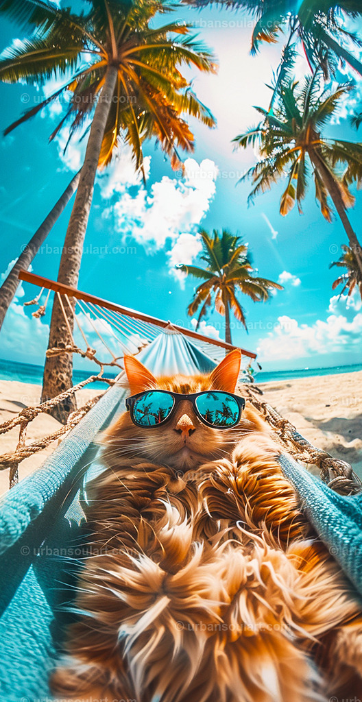 Cat With Sunglasses In A Hammock On The Beach | This playful scene of a cat relaxing on a beach hammock with sunglasses adds a lighthearted, tropical vibe to your space. Ideal for animal lovers or those seeking fun, vacation-themed decor. - Realisiert mit Pictrs.com