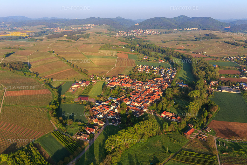Luftbild: Ortsansicht von Osten im Ortsteil Klingen in Heuchelheim-Klingen im Bundesland Rheinland-Pfalz in Deutschland. Foto: IMG_113850.jpg vom 01.05.2019 durch Werner Riehm/FLY-FOTO.de