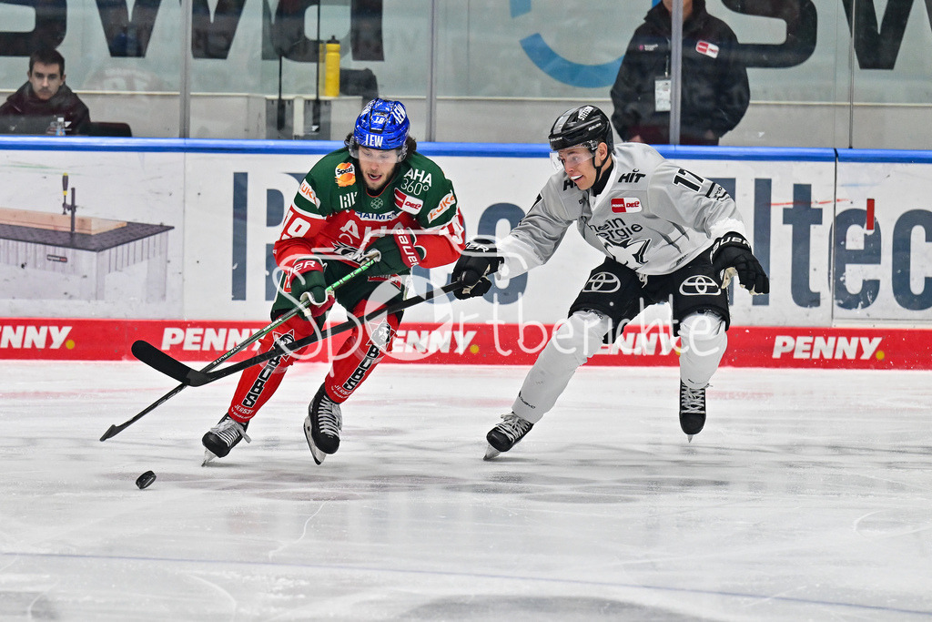 Augsburger Panther - Kölner Haie | Im duell Riley DAMIANI (Augsburger Panther #19) und Jan Luca SENNHENN (Koelner Haie #17) / zweikampf / DEL: Augsburger Panther - Kölner Haie, Curt Frenzel Stadion am 29.09.2024