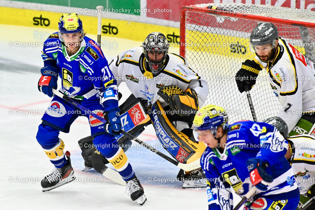 EC IDM Wärmepumpen VSV vs. HC Pustertal 8.10.2023 | #21 GEIFES Tim EC VSV,  #1 SMITH Jacob HC Pustertal, #7 ALTHUBER Ivan HC Pustertal, EC IDM Wärmepumpen VSV vs. HC Pustertal 8.10.2023, EC IDM Wärmepumpen VSV vs. HC Pustertal am 08.10.2023 in Villach (Stadthalle Villach), Austria, (Photo by Bernd Stefan)