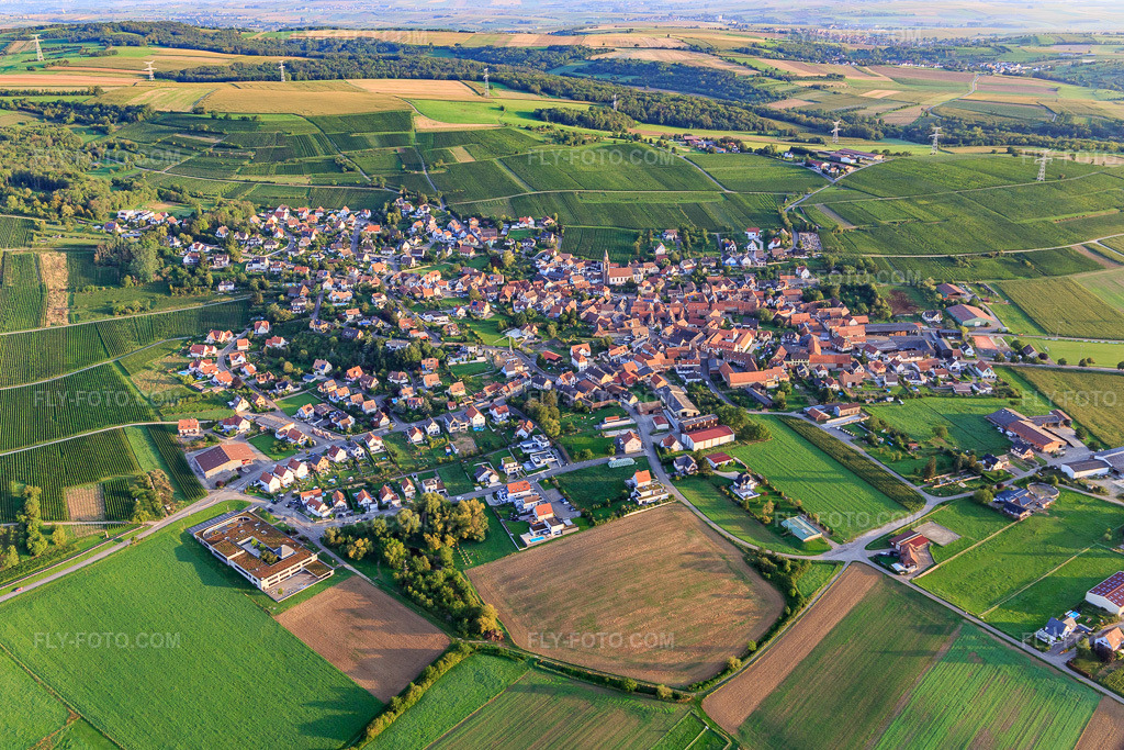 Aerial view: View of the town from the southeast in Nordheim in the state Bas-Rhin, France. – Photo: IMG_138030.jpg taken on 08/19/2023 by Werner Riehm/FLY-FOTO.com – Resolution of the original: 5113 x 3408 px