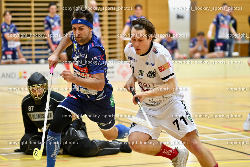 VSV Unihockey vs. KAC Floorball | #87 Timmo Taurer VSV Unihockey, #14 Michael Klemm VSV Unihockey, #71 Christoph Platzer KAC Floorball, VSV Unihockey vs. KAC Floorball, VSV Unihockey vs. KAC Floorball am 28.03.2026 in Villach (Ballspielhalle St. Martin), Austria, (Photo by Bernd Stefan)