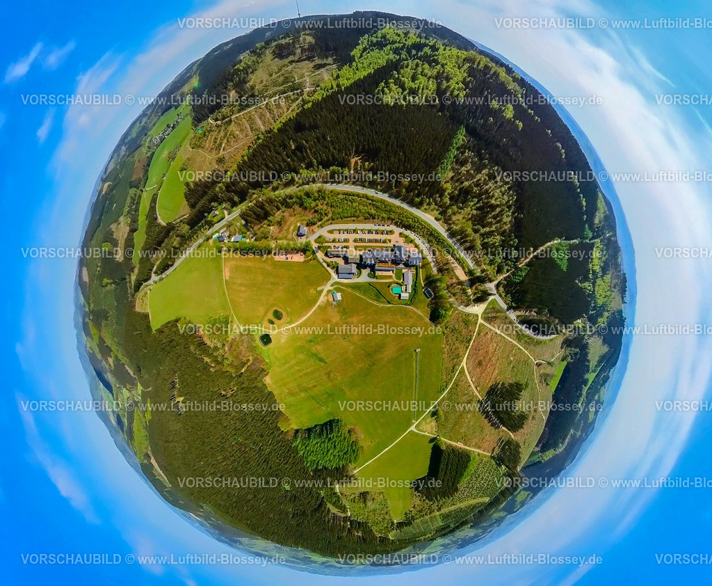 Schmallenberg240590304HotelRimberg | Luftbild, Hotel Rimberg, 4-Sterne Wellnesshotel in waldreicher Landschaft, Gastronomie, hauseigene Kapelle, Erdkugel, Fisheye Aufnahme, Fischaugen Aufnahme, 360 Grad Aufnahme, tiny world, little planet, fisheye Bild, Fredeburg, Schmallenberg, Sauerland, Nordrhein-Westfalen, Deutschland
