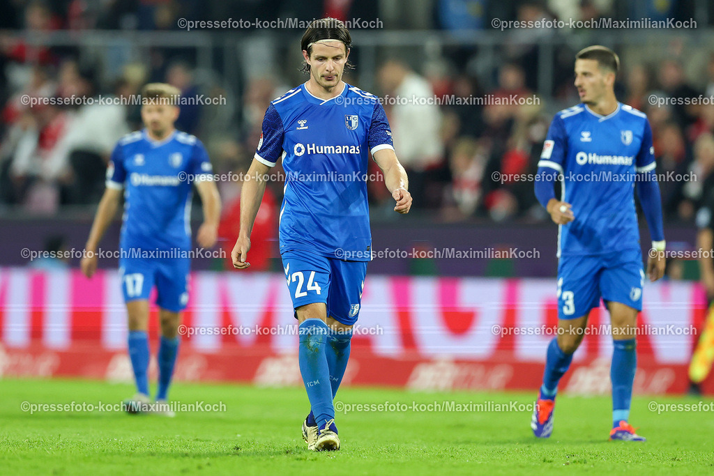 Koe14092401042 | 14.09.2024, 2. Fußball Bundesliga, 1. FC Köln - 1. FC Magdeburg, RheinEnergieSTADION, Saison 2024 2025: Torjubel nach dem 2:1 durch Jean Hugonet (1.FC Magdeburg #24)DFB regulations prohibit any use of photographs as image sequences and or quasi-video.