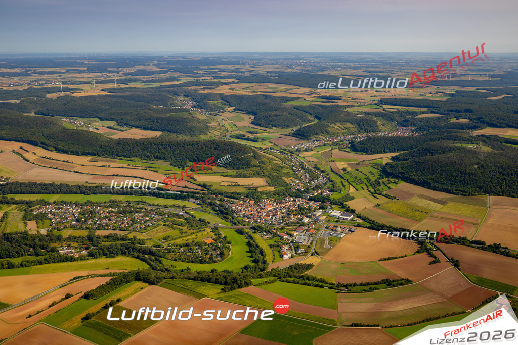 Das Luftbild zeigt :  Euerdorf - Die Luftaufnahme wurde 2024 vom UL-Flugzeug aus erstellt ( keine Drohne ) - Hochauflösende Luftaufnahme - Für grossformatige Ausdrucke geeignet. Die Geschenkidee !Mit Lizenz und Bildrechte bestellbar