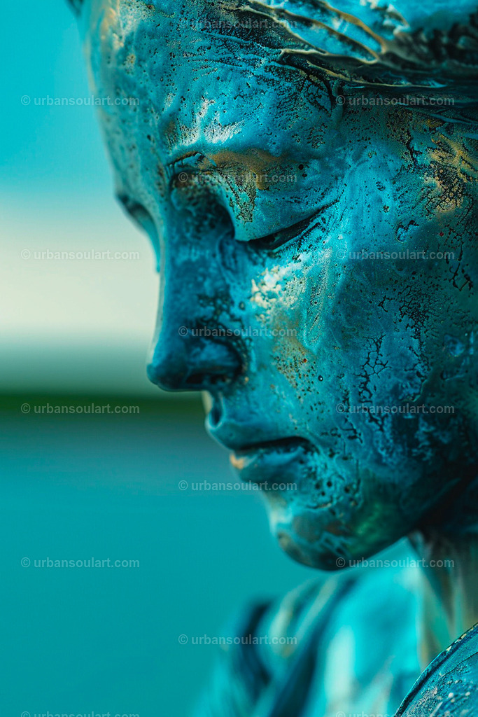 Blue woman statue | A beautiful and serene close-up of a blue statue, capturing fine details and texture. Perfect for those who appreciate art with depth and serenity, this piece brings a sense of calm and artistry to any room. - Realisiert mit Pictrs.com