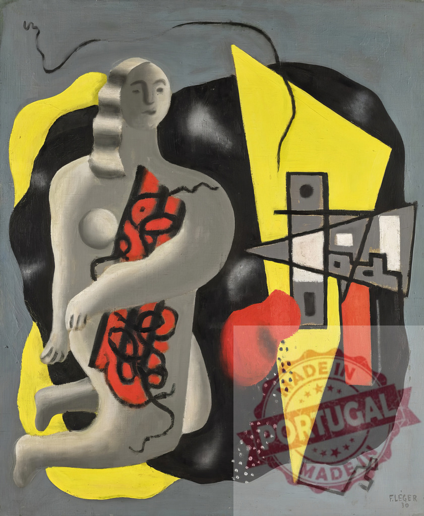 Fernand Léger, woman with abstract shapes and forms | Fernand Leger A painting of a stylized figure interacting with geometric elements and vibrant colors - Realized with Pictrs.com