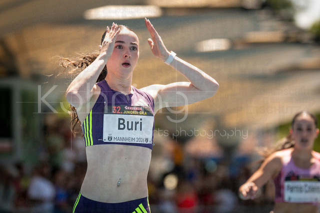 Juniorengala 2026; Mannheim, 13.06.2026 | MANNHEIM, GERMANY - JUNE 13, 2026 : Xenia Buri (SUI/Switzerland) runs a 11,14 in the 100m and reacts  during the Juniorengala 2026 at Michael-Hoffmann-Stadion on June 13, 2026 in Mannheim, Germany.