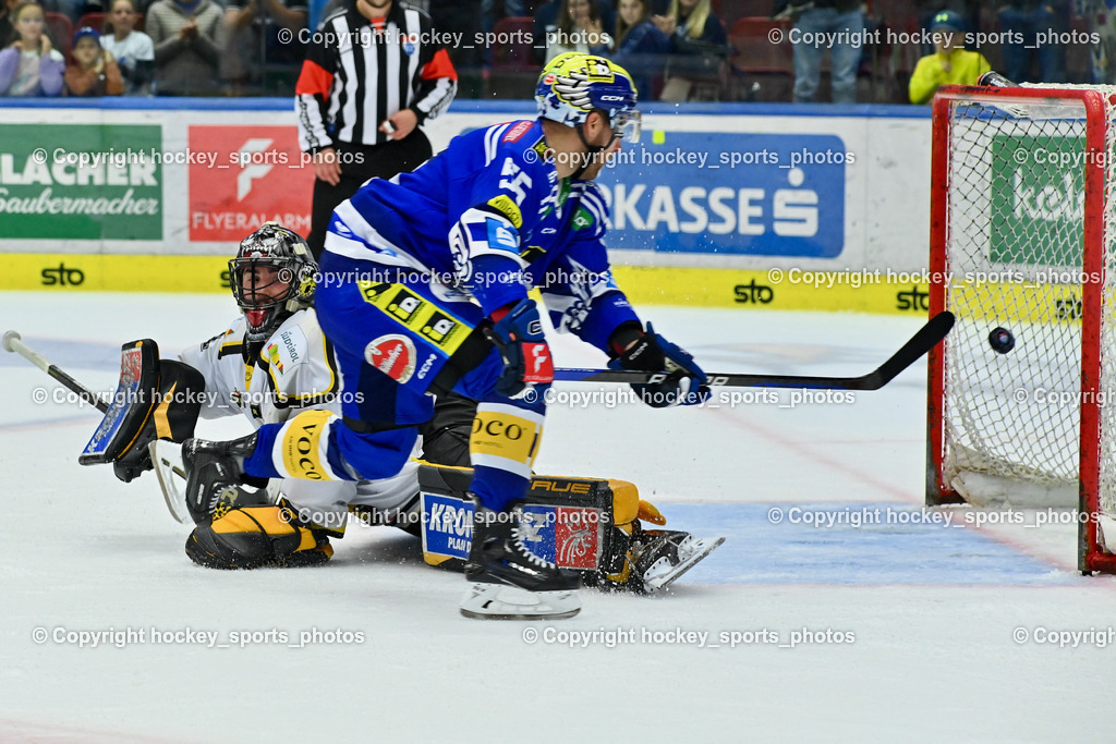 EC IDM Wärmepumpen VSV vs. HC Pustertal 8.10.2023 | #55 SABOLIC Robert EC VSV,  #1 SMITH Jacob HC Pustertal, EC IDM Wärmepumpen VSV vs. HC Pustertal 8.10.2023, EC IDM Wärmepumpen VSV vs. HC Pustertal am 08.10.2023 in Villach (Stadthalle Villach), Austria, (Photo by Bernd Stefan)