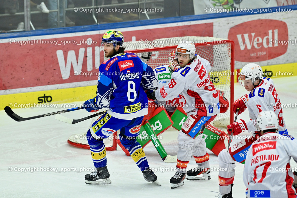 EC IDM WÄRMEPUMPEN VSV vs. EC KAC | #6 Sablattnig Tobias EC KAC, #98 Obersteiner Daniel EC KAC, #8 Rebernig Maximilian EC VSV, #32 Dahm Sebastian EC KAC, EC IDM WÄRMEPUMPEN VSV vs. EC KAC, EC IDM WÄRMEPUMPEN VSV vs. EC KAC am 02.02.2025 in Villach (Stadthalle Villach), Austria, (Photo by Bernd Stefan)