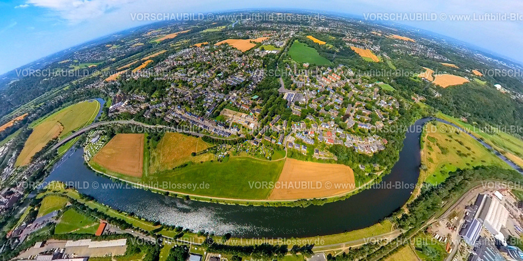 Hattingen230790255_Winz-Baak | Luftbild, Ortsansicht Ortsteil Winz-Baak, Fluss Ruhr, Erdkugel, Fisheye Aufnahme, Fischaugen Aufnahme, 360 Grad Aufnahme, tiny world, Baak, Hattingen, Ruhrgebiet, Nordrhein-Westfalen, Deutschland