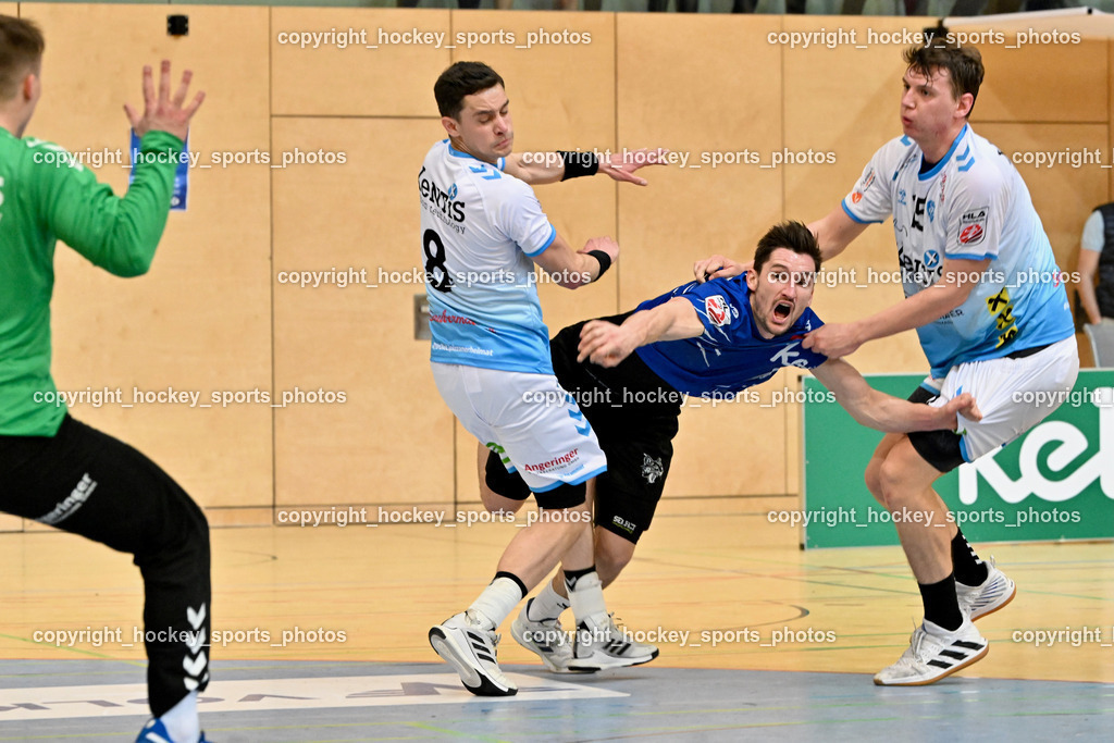 SC Ferlach vs. HSG Bärnbach/Köflach 30.3.2024 | #8 BELLINA Christian, #23 KOCBEK Jure SC Ferlach, #15 Knez Domen HSG Bärnbach, SC Ferlach vs. HSG Bärnbach/Köflach 30.3.2024, SC Ferlach vs. HSG Bärnbach/Köflach am 30.03.2024 in Ferlach (Ballspielhalle Ferlach), Austria, (Photo by Bernd Stefan)