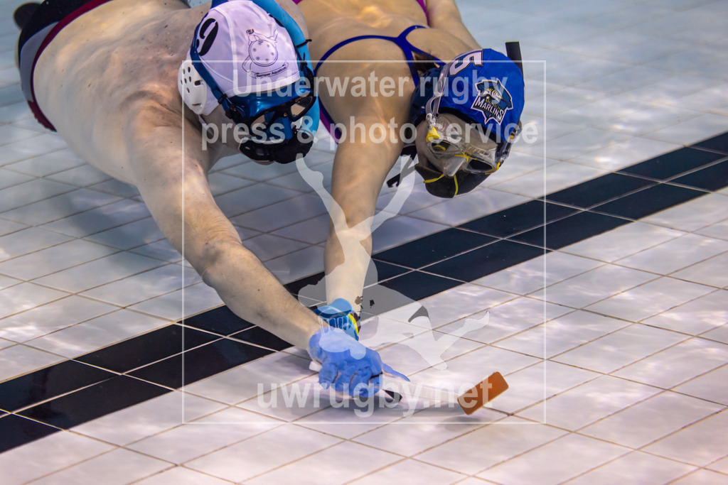 Unterwasser-Hockey: Rückrunde Liga 2023/2024 - Bild 12 | UWH München 2 in blau gegen  die Spielvereinigung Hannover / Elmshorn in weiß. Kampf um den Puck auf dem Boden des Schwimmbeckens. Beim Unterwasser-Hockey spielen Frauen und Männer in der Liga gemeinsam. - Realisiert mit Pictrs.com