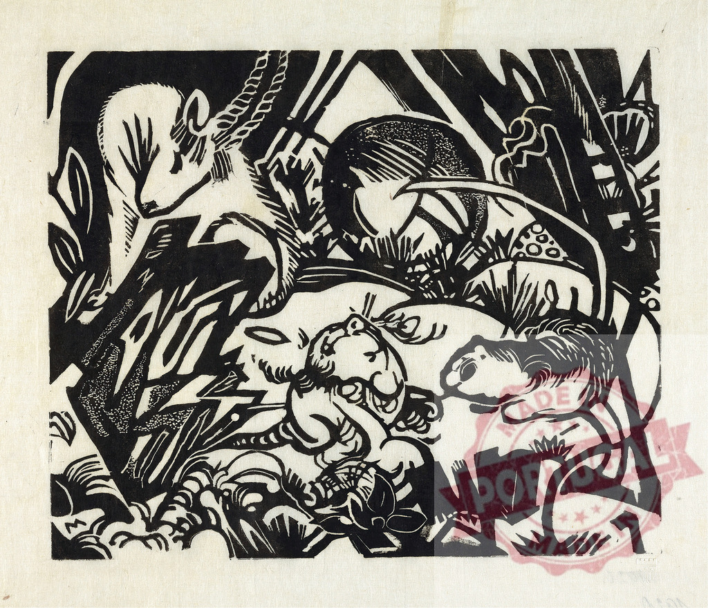 Franz Marc woodcut of animals in nature | Franz Marc expressionist woodcut showing a deer and marmots in a forest - Realized with Pictrs.com