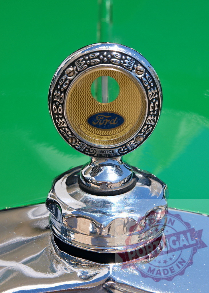 Ford vintage car radiator cap and Boyce MotoMeter | Ford vintage car radiator cap with a Boyce MotoMeter on a green hood - Realized with Pictrs.com