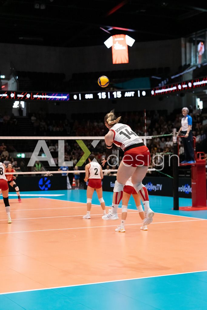 Austria v Switzerland - CEV European League Women | KRIENS, SWITZERLAND - JUNE 14: KORA MARINA SCHABERL of Austria serve during the CEV European League match between Austria and Switzerland at Pilatus Arena on June 14, 2026 in Kriens, Switzerland. - Realisiert mit Pictrs.com