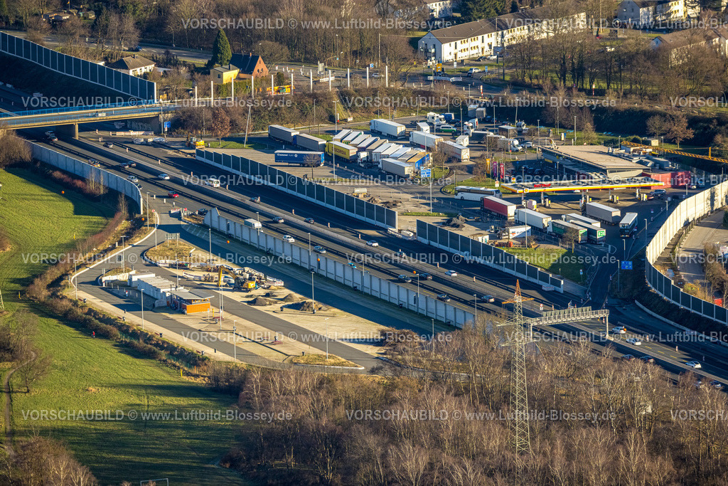 Bottrop240107678 | Luftbild, Serways Rastplatz Bottrop-Süd und Baustelle Rastplatz Schwarze Heide, Autobahn A2 und Schallschutzwände, Fuhlenbrock, Bottrop, Ruhrgebiet, Nordrhein-Westfalen, Deutschland