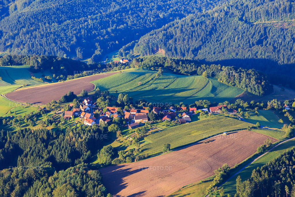 Luftbild: Dorf am Morgen aus Norden im Ortsteil Dauernberg in Spiegelberg im Bundesland Baden-Württemberg in Deutschland. Foto: IMG_093740.jpg vom 23.08.2016 durch Werner Riehm/FLY-FOTO.de