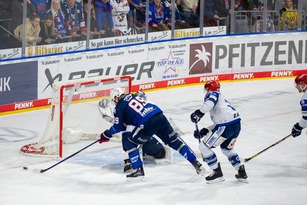2023/24, 50. Spieltag): Adler Mannheim gegen Schwenninger Wild Wings (1:4). David Wolf (89, Adler Mannheim) kann vor dem Tor der Schwenninger Wild Wings den Puck nicht kontrollieren | 01.03.2024, DEL, Deutsche Eishockey Liga, Saison 2023/24, 50. Spieltag): Adler Mannheim gegen Schwenninger Wild Wings (1:4). David Wolf (89, Adler Mannheim) kann vor dem Tor der Schwenninger Wild Wings den Puck nicht kontrollieren - Realisiert mit Pictrs.com