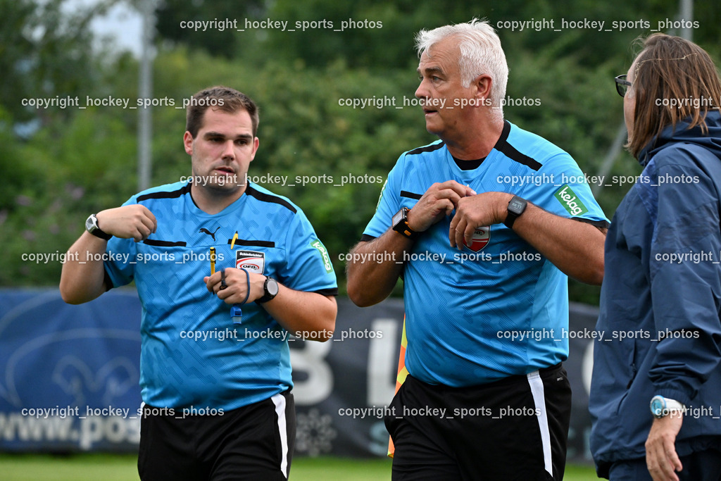 SAK vs. ATUS Ferlach | Michell Kollreider Referee, Eric Erlbeck Referee, Headcoach SAK Richard Huber, SAK vs. ATUS Ferlach, SAK vs. ATUS Ferlach am 01.08.2025 in Klagenfurt (Sportpark Welzenegg), Austria, (Photo by Bernd Stefan)